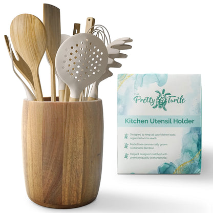 The Pretty Turtle Bamboo Kitchen Counter Utensil Crock Holder Caddy 6" x 4 1/2" (Oval Acacia)