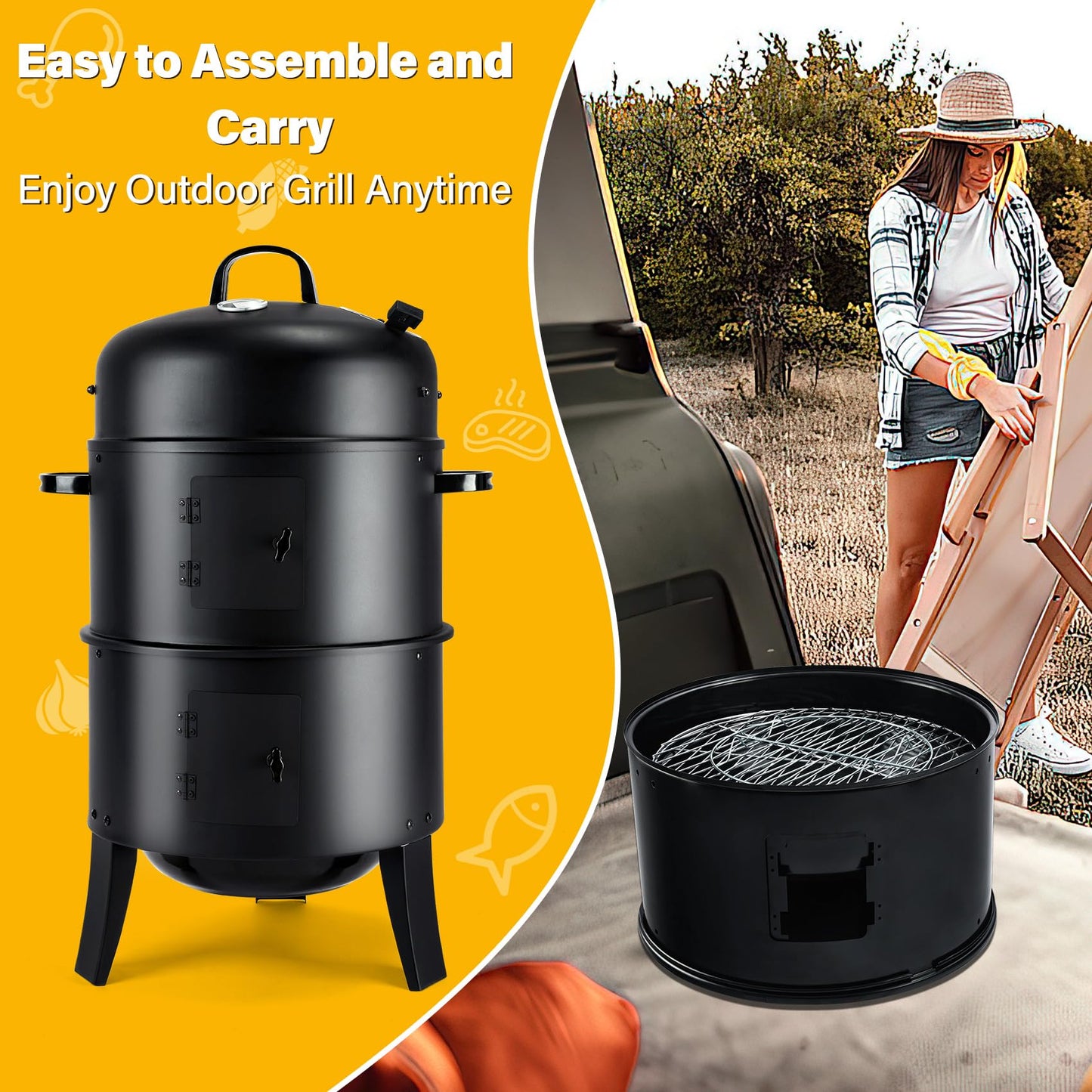 TCFUNDY 32" Vertical Charcoal Smoker Grill, Heavy-Duty BBQ Grill with Built-in Thermometer, 3 in 1 Grill and Smoker, Portable Meat Cooker with Air Vent for Outdoor Barbecue Cooking