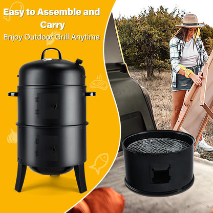 TCFUNDY 32" Vertical Charcoal Smoker Grill, Heavy-Duty BBQ Grill with Built-in Thermometer, 3 in 1 Grill and Smoker, Portable Meat Cooker with Air Vent for Outdoor Barbecue Cooking