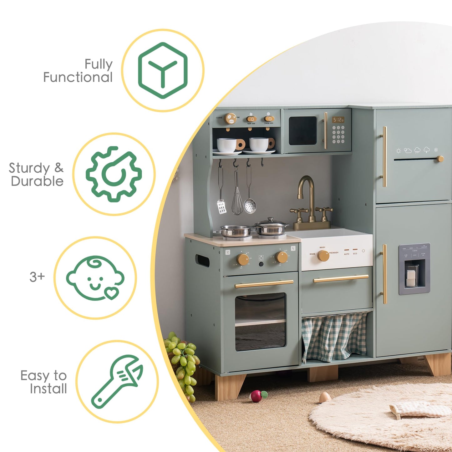 ROBOTIME Play Kitchen for Kids Toddlers, Wooden Pretend Play Kitchen Set Toy with Fridge, Ice Maker, Coffee Maker, Toys Kitchen Gift for 3+ Year Old Kids, Girls & Boys