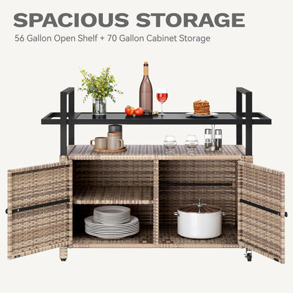 DWVO XL Outdoor Storage Cabinet,Patio Storage Table with Glass Top, Bar Table with Wheels,Outdoor Bar Cart for Patio, Poolside and Backyard,Light Brown