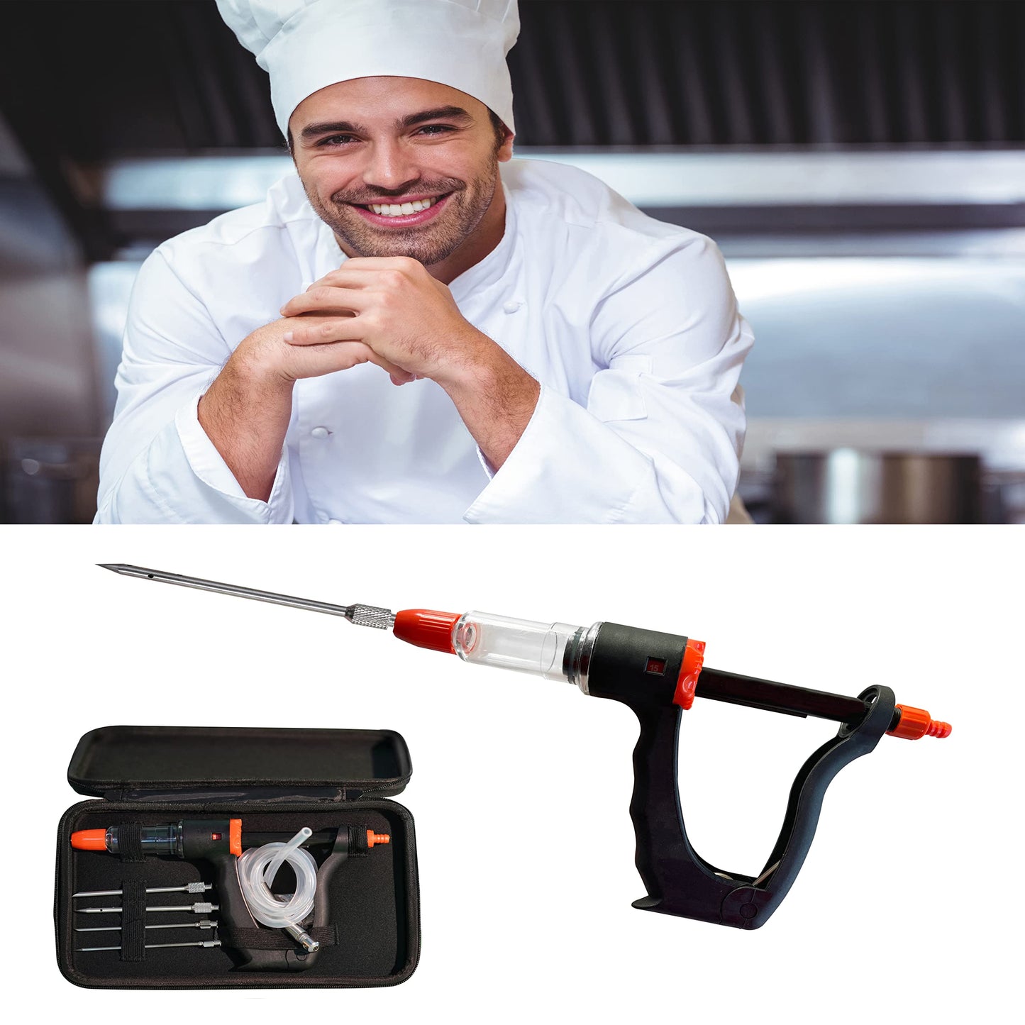 Marinade Injector Syringe Meat Needles, Seasoning Injector,Meat Injector Kit with Case,Injection Brine Marinades for Meat, Turkey, Chicken,Beef,Fish -15ml Barrel Chamber - 4 x 4.4 Inch S/S Needles