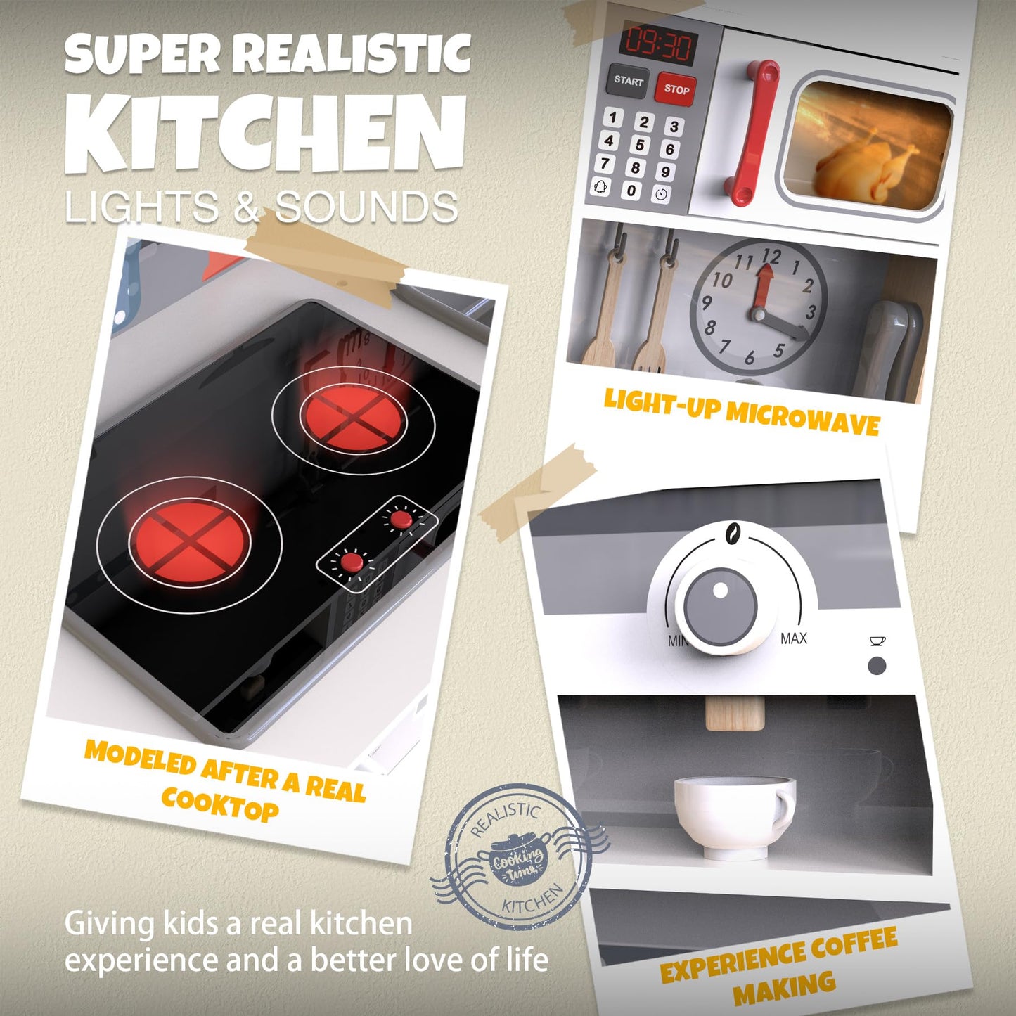 JOYOOSS Play Kitchen for Kids,Wooden Kids Kitchen Playset Toy Toddler Play Kitchen Set for Toddlers 3+ with Real Lights & Soundswith Cookware Accessories