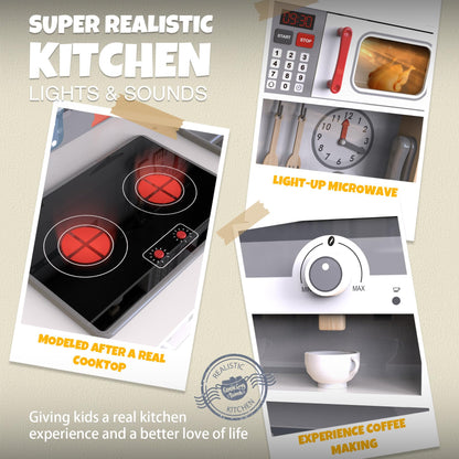 JOYOOSS Play Kitchen for Kids,Wooden Kids Kitchen Playset Toy Toddler Play Kitchen Set for Toddlers 3+ with Real Lights & Soundswith Cookware Accessories