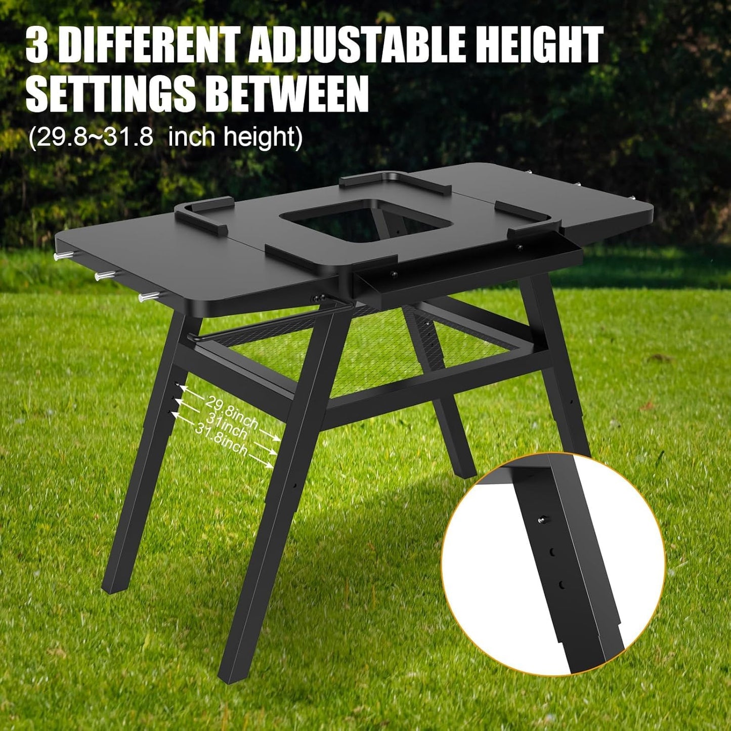 BBQ-PLUS Grill Stand for Ninja Woodfire Outdoor Grills, Portable Adjustable Grill Cart for Ninja OG700 OG800 OG900 Series Smoker Blackstone 17" Griddle,Folding Table with Shelf