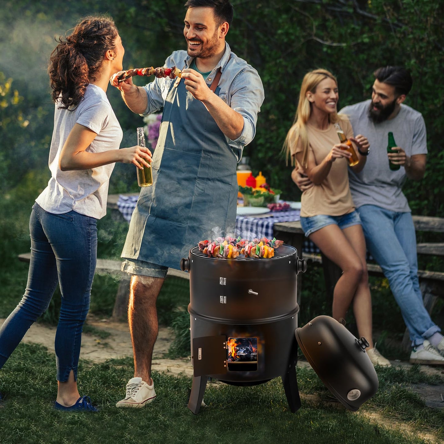 Outvita Vertical 17 Inch Charcoal BBQ Smoker, 3-in-1 Portable Outdoor Grill Cooker with Built-in Thermometer for Outdoor Backyard Cooking Grilling Camping