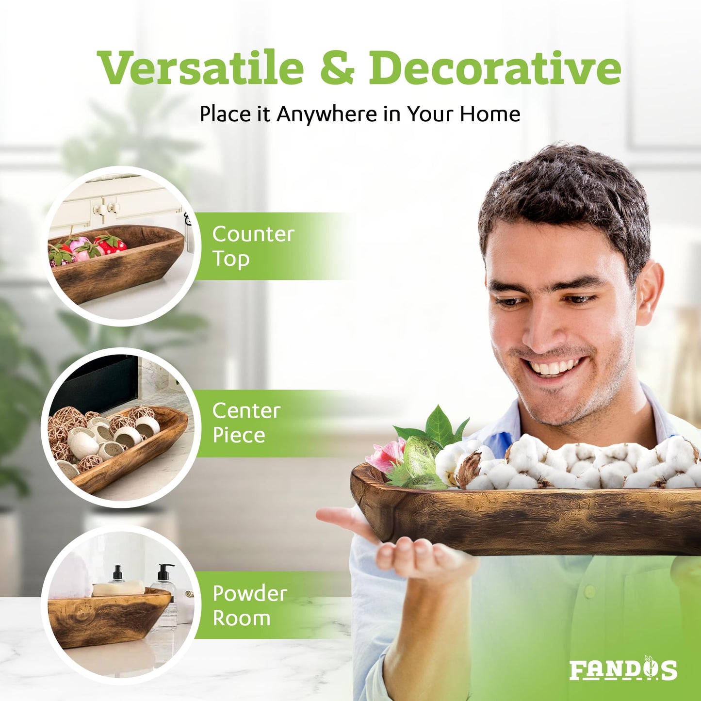 FANDOS Wooden Dough Bowl for Decor - 17¾ in Long Hand Carved Paulownia, Large Rustic Decorative Bowl for Home Table Centerpiece, Keys, Entryway Table, Catchall Tray & Wooden Dining Room Centerpiece