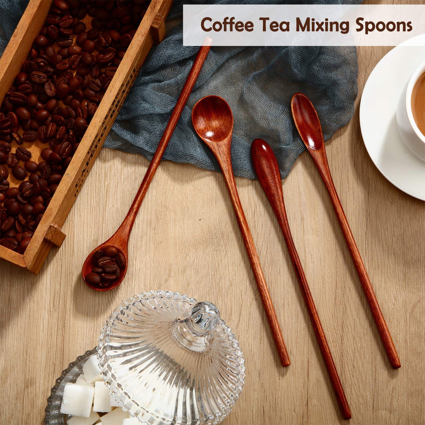 Patelai Wooden Coffee Spoons Long Handle Mixing Wooden Spoon Handmade Stirring Teaspoon for Kitchen Stirring (kusunoki, 6 Pieces)