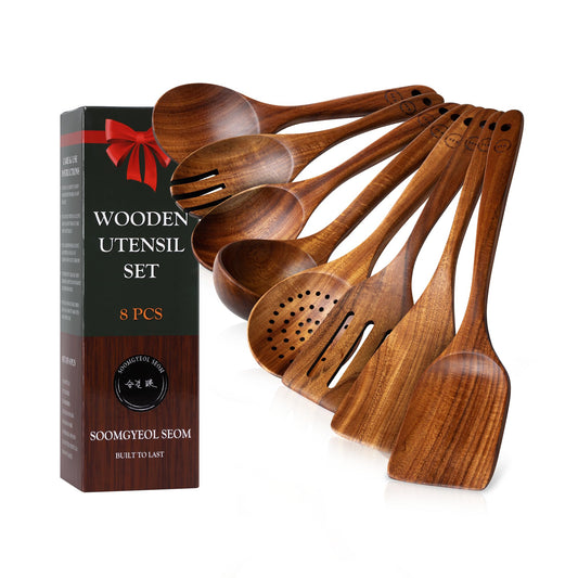 Wooden Spoons for Cooking – 6-12 Piece Teak Wood Cookware Utensil Set with Smooth Finish – Non-Stick, Comfortable Grip – Durable, Heat Resistant Kitchen Utensils (8 PCS Set)
