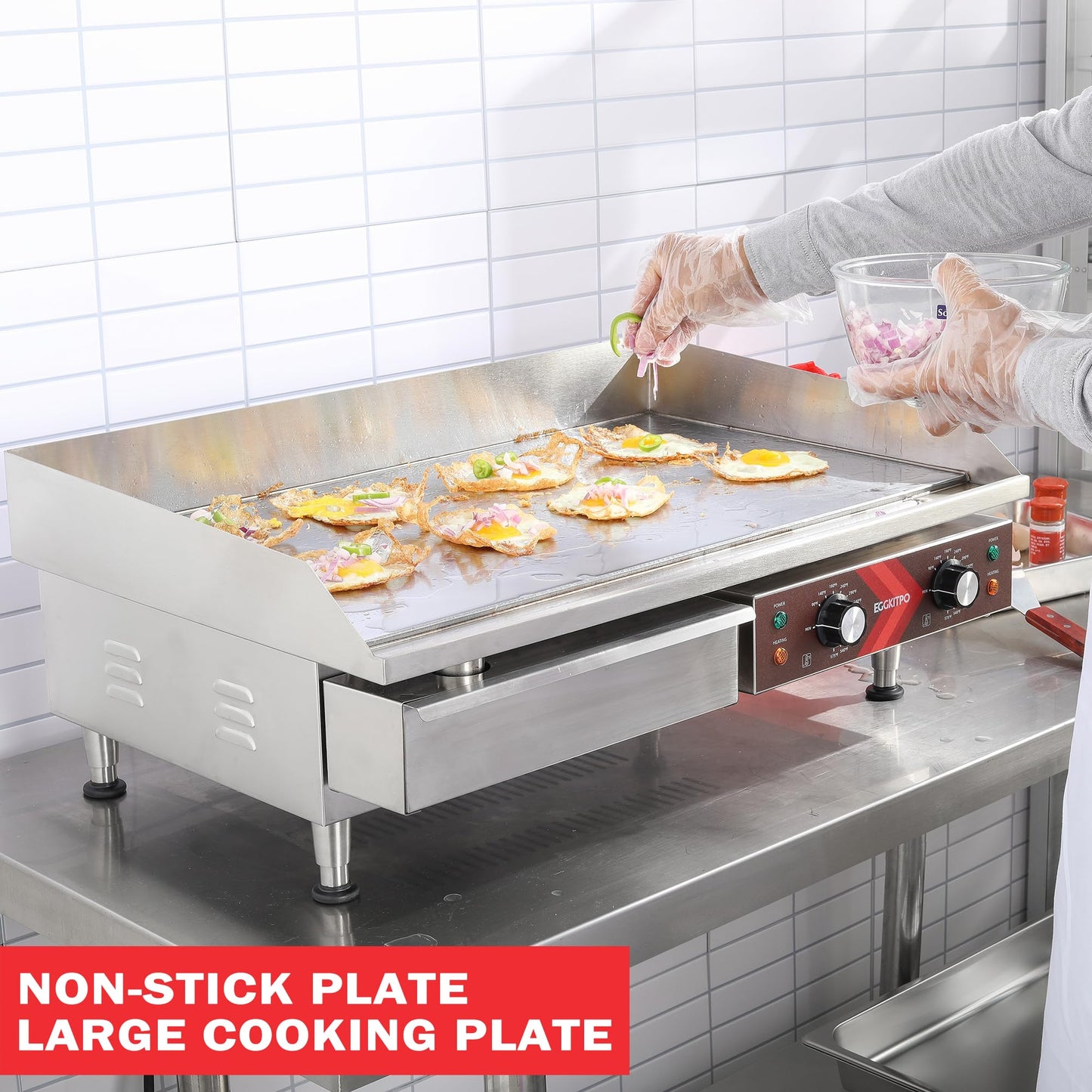 EGGKITPO Commercial Electric Griddle 29 Inch Large Countertop Griddle Non-Stick Flat Top Grill Stainless Steel Teppanyaki Griddle with Adjustable Temperature 90℉-575℉ for Restaurant Use 240V 3500W