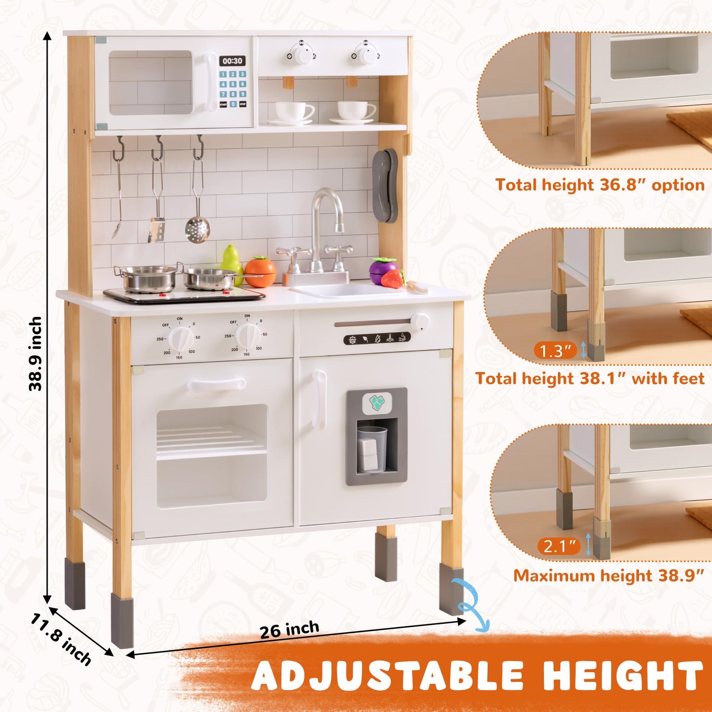 PHGLL Play Kitchen for Kids Wooden Kitchen Toy Playset w/Light and Clicking Knobs, Chef Pretend Play Set w/Microwave, Oven, Coffee Machine, Ice Maker, Telephone, Toy Kitchen Set for Toddlers (White)