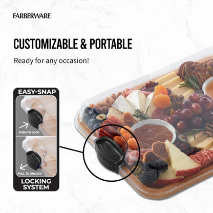 FARBERWARE Build-A-Board Bamboo Cutting Board with Clear Locking Lid and Black Handles, Perfect for Charcuterie, Snacks, and More, Single Compartment