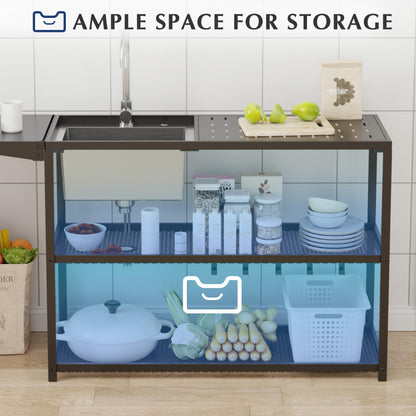 LUCKWIND 55 Inch Freestanding Kitchen Utility Sink with Stainless Steel Single Bowl, Foldable Countertop and Cold & Hot Water Faucet for Farmhouse, Garage, Outdoor, Laundry and Commercial Use