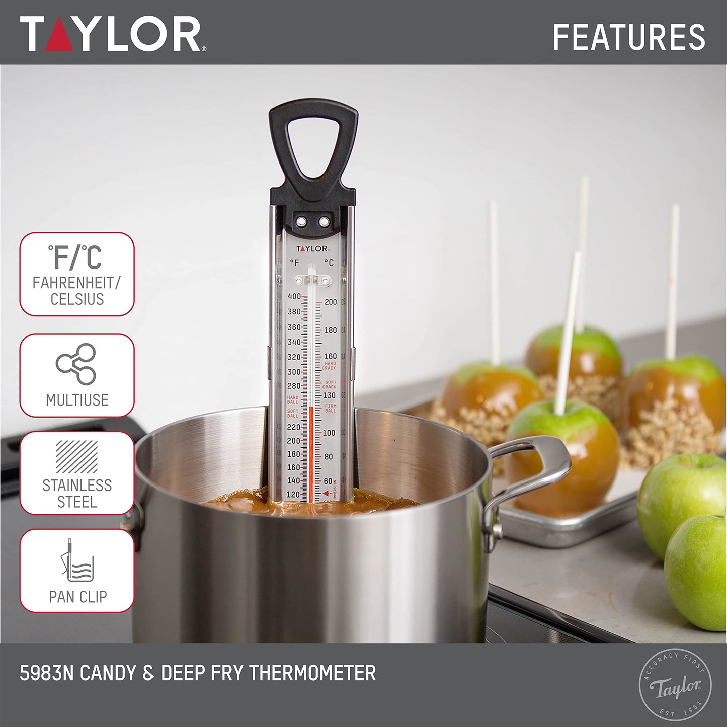 Taylor Stainless Steel Candy Deep Fry Food Cooking Kitchen Analog Paddle Thermometer, Frying Thermometer for Candy, Maple Syrup, Sugar, Brewing, Includes Pan Clip, 12 Inches