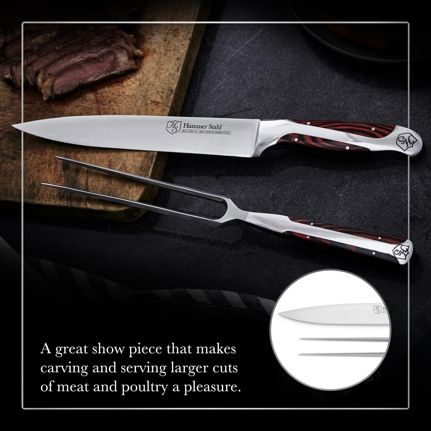 German Forged High Carbon Stainless Steel Carving Knife and Fork Set | Professional Meat Carving Set with Ergonomic Pakkawood Handle