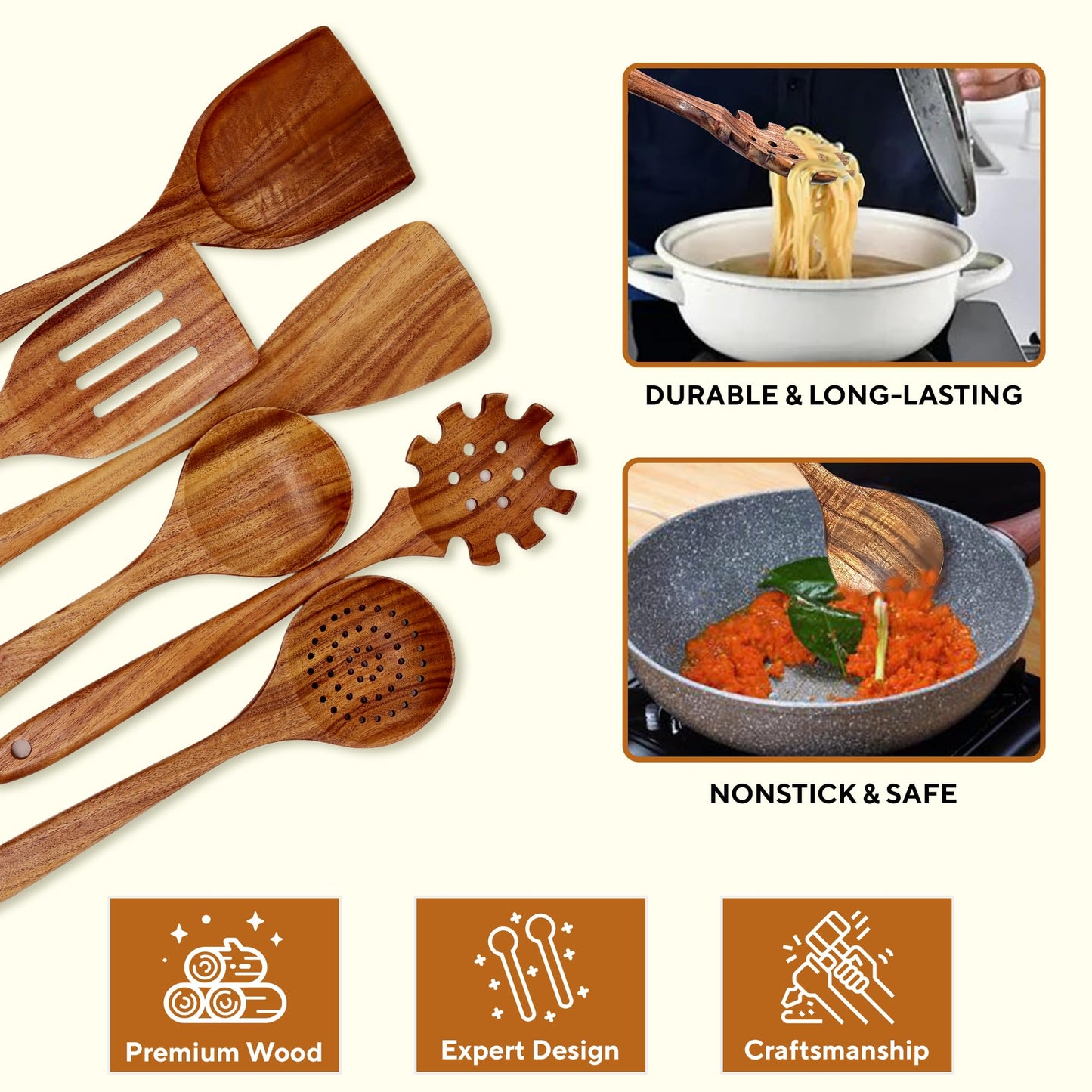 Valtify Kitchen Utensil Set, Comfort Grip Wooden Cooking Spoons and Spatula, Eco-Friendly, Heat-Resistant, Teakwood Utensils for Cooking, 6-Piece Set with Wooden Spoons and Kitchen Accessories