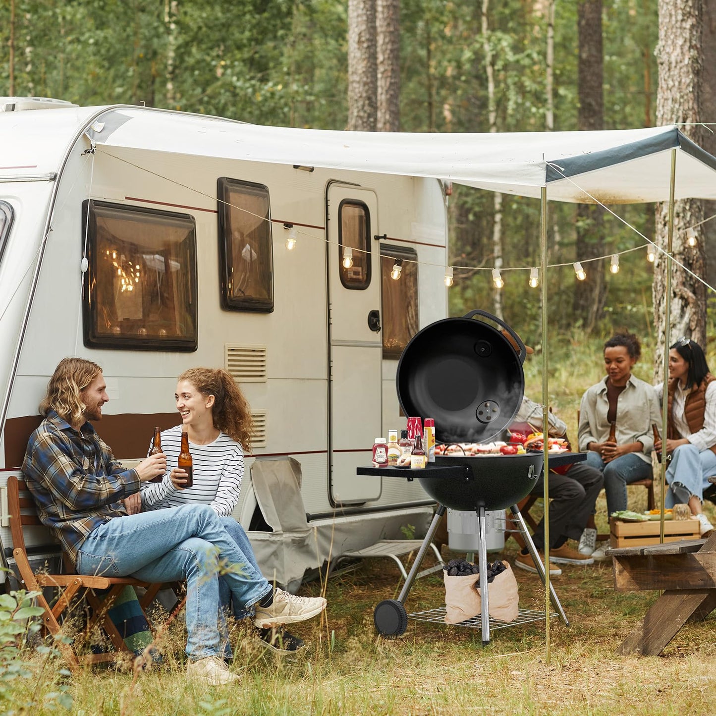 22 inch Charcoal Grills with Table, Portable BBQ Grill for Outdoor Camping, Barbecue Grill with Cover, Ash Catcher, and 2 Charcoal Boxes, 2 Wheeled Kettle Grill for Outdoor Cooking Family Party