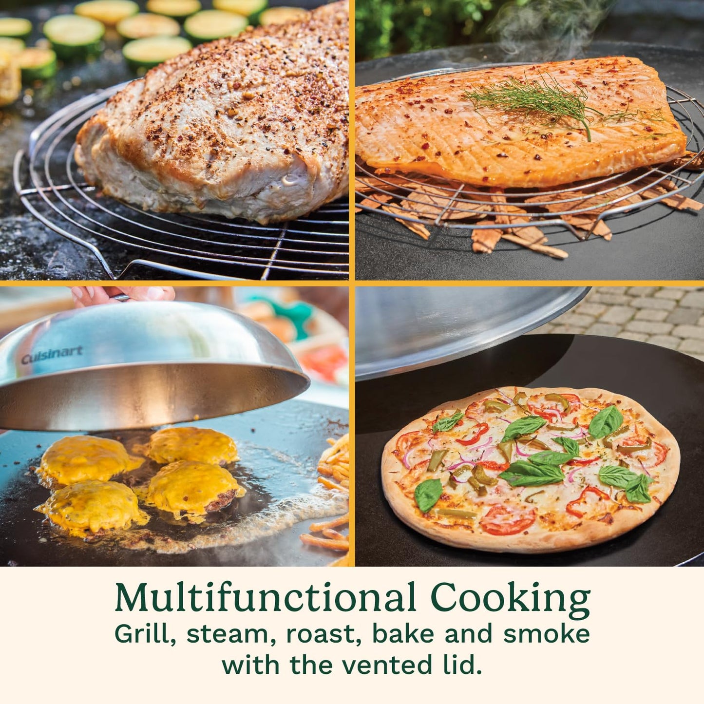 Cuisinart 360° Griddle Outdoor Cooking Center, 22” Round Flat Top Grill with Stainless Steel Vented Lid, Folding Prep Table, 30,000 BTU Burners, Grease Management, Gas Grill Perfect for BBQ, Cookouts