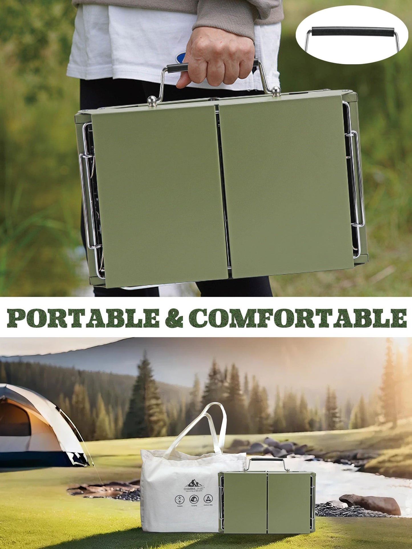 Charmline 14x9inch Small Desktop Charcoal Grill, Liftable Grilling Net, Saving Space Grill for Indoor and Outdoor, BBQ Grill for Camping, Gardens, Picnics, Beach Parties, Green