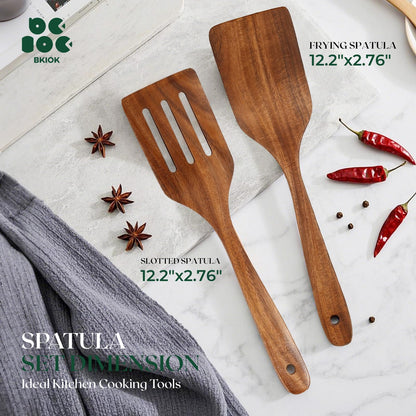 Bkiok Wooden Spatulas for Cooking, Teak Turner & Slotted Spatula Set for Nonstick Pans, Comfortable Grip Wooden Cooking Spatula (2Pcs)
