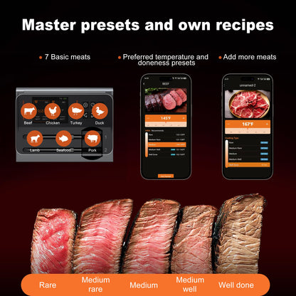 Wireless Meat Thermometer 2 Probes, Bluetooth Smart Meat Thermometer Digital Wireless Remote Tracking and Real-Time Readings, Standalone Base & Thinnest Probe, iOS and Android, for Grill, BBQ, Smoker