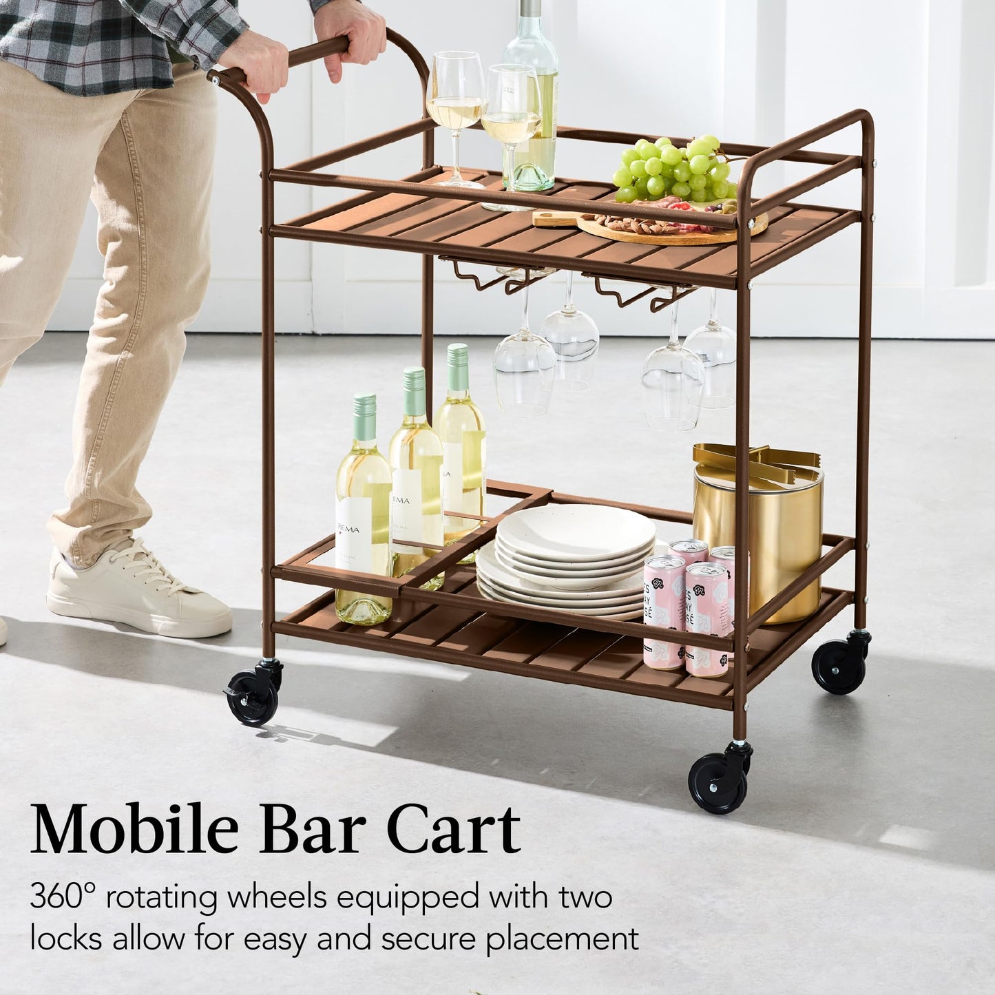 Best Choice Products Outdoor Mobile Patio Bar Cart, Home Bar Serving Cart, BBQ Side Table w/ 2 Tier Storage, Wine Rack, Lockable Wheels - Brown