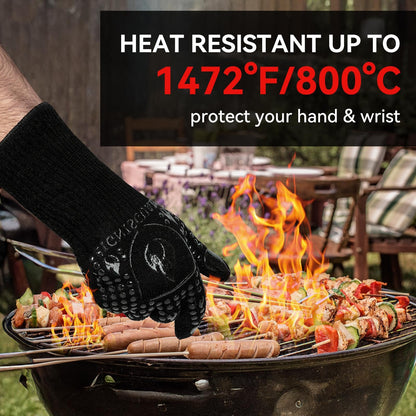 IGNISGUARD BBQ & Grill Gloves, 1472°F Silicone Oven Mitts Heat Resistant Gloves for Cooking, Oven Gloves with Fingers Fireproof Non-Slip Kitchen Gloves for Baking Grilling, 1-Pair Black