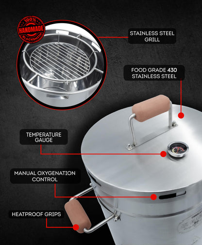 El Barril Lite Medium Barrel Smoker Grill, Stainless Steel 430, 30 lb Capacity, 12 Meat Hooks, Upper Grill and Handler, Portable Charcoal BBQ (Lite 30LBS Medium)