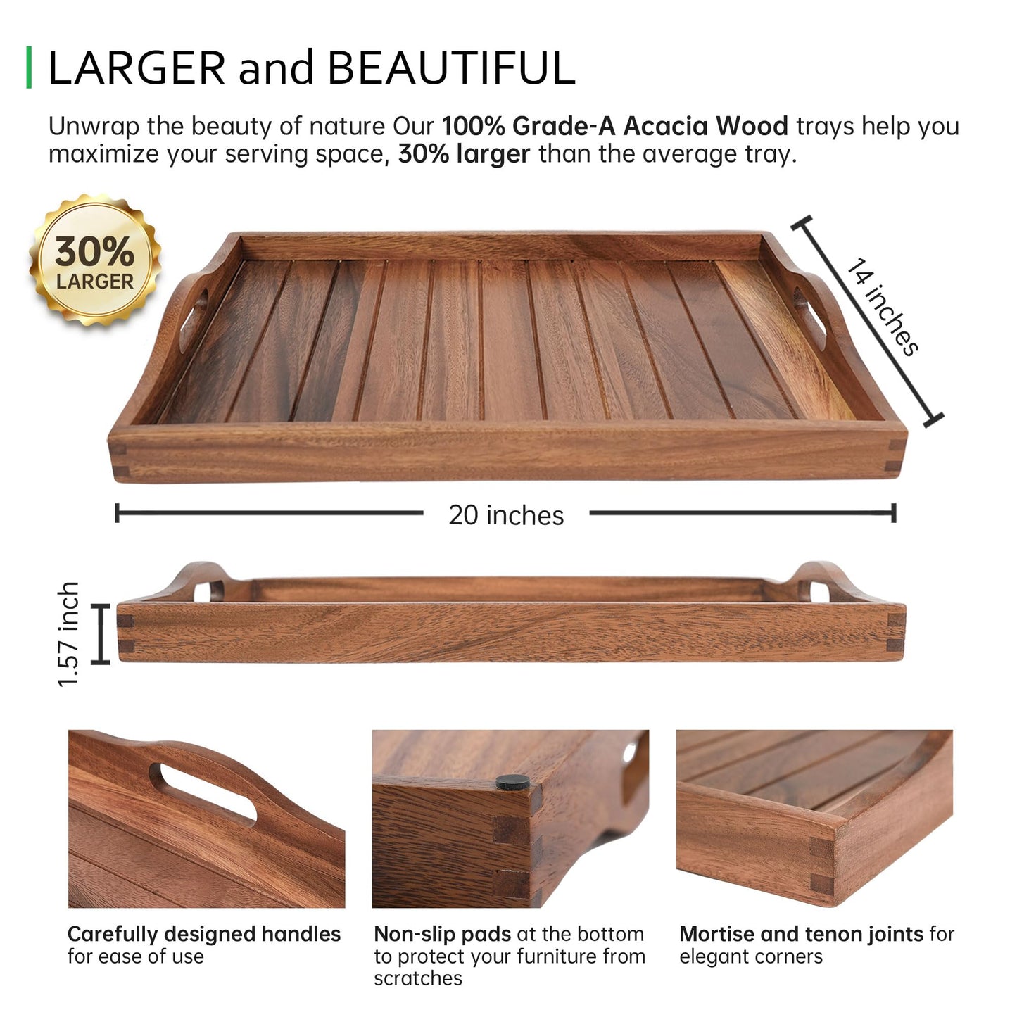 Large Acacia Wooden Serving Tray with Handles 20x14inch Coffee Table Ottoman Tray for Living Room, Extra Large Wood Serving Tray for Dinner Eating Food Breakfast Decor, TV Bed Tray(Gift Wrap, Natural)