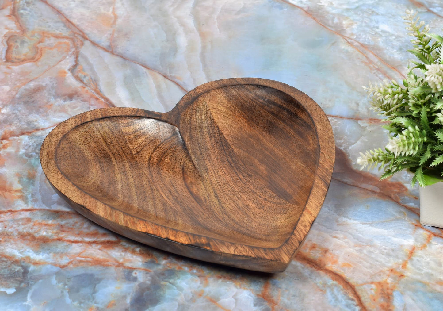 EDHAS Mango Wood Heart Curved Shaped Decorative Bowl for Table Centerpieces Home Party Wedding Décor (10" x 10" x 1.5")