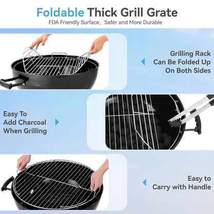 GREEN PARTY 18 inch Kettle Charcoal BBQ Grill with Wheels, Portable Charcoal Grill with Porcelain-Enameled Lid & Ash Catcher for Outdoor Cooking Barbecue Camping Picnics Tailgating