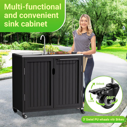 Outdoor Grill Table Kitchen Island with 304 Stainless Steel Top | Rolling Cart with Bar Sink, Faucet & Storage Cabinets | Solid Wood Mobile Prep Station for Pizza Oven & BBQ Accessories (L32.6“xW39”)