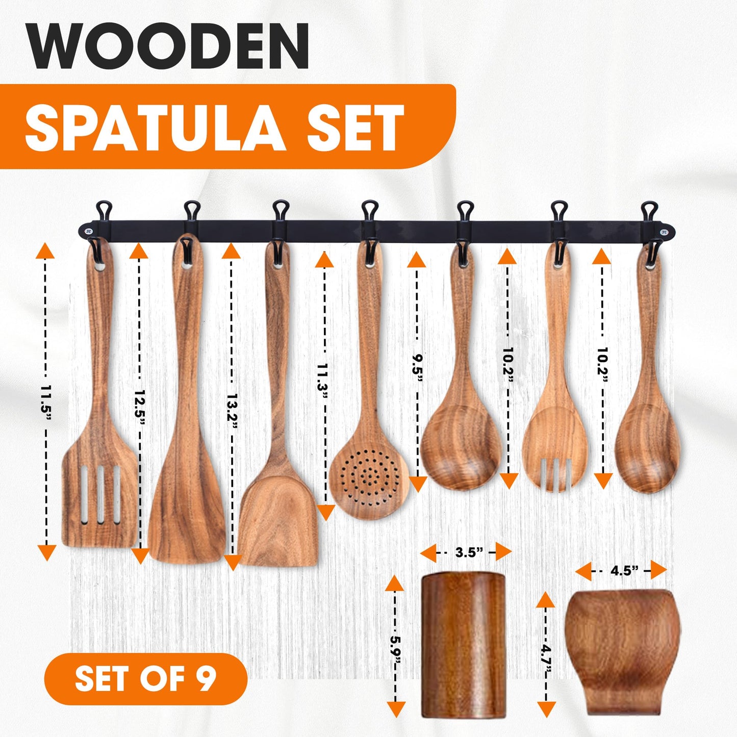 Cheer Collection Wooden Utensil Set - 9 Piece Cooking Utensils with Holder, Premium Taek Wood Spoons & Spatulas for Cooking, Heat Resistant, Non-Stick, and Safe Wooden Cooking Utensils