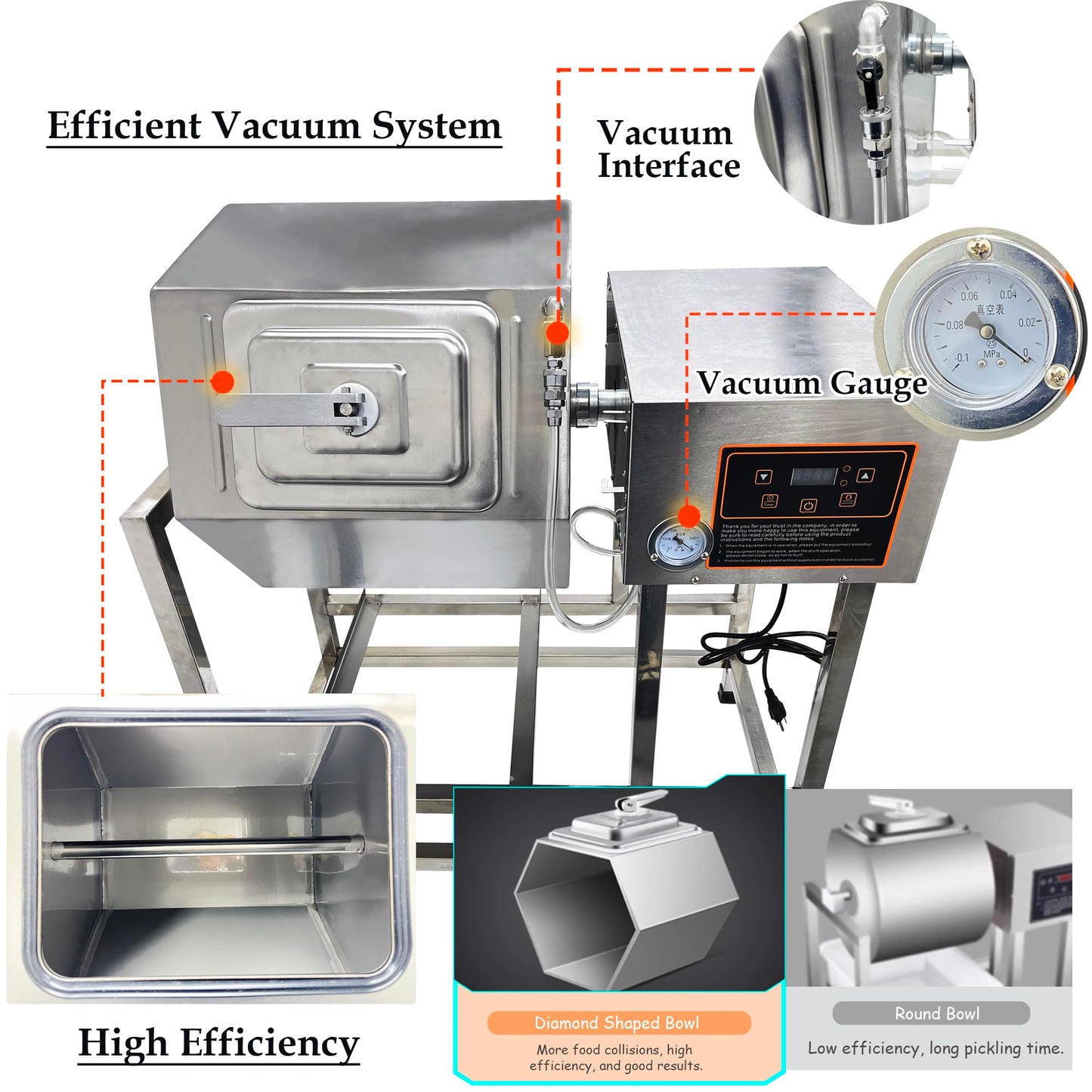 INTSUPERMAI 90L Vacuum Meat Marinator, 110V Meat Vegetable Vacuum Tumbler Marinating Machine, 500W Commercial Food Marinator, 0-99 Min Time Setting, Stainless Steel, 360° Rotation