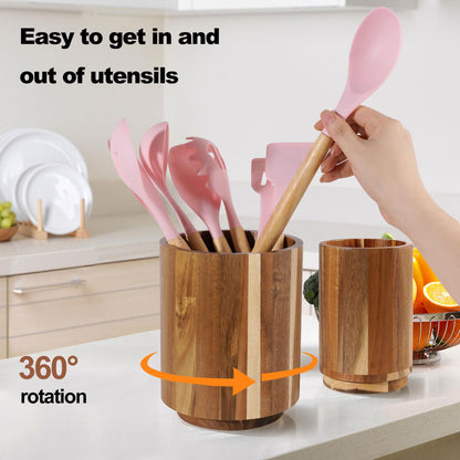 Wooden Utensil Holder for Kitchen Counter,360° Rotating Kitchen Utensil Holder,7.3"+5.7" Spatula Holder for Counter,Large Cooking Utensil Crock Natural Rustic Appearance for Home Decor,Set of 2