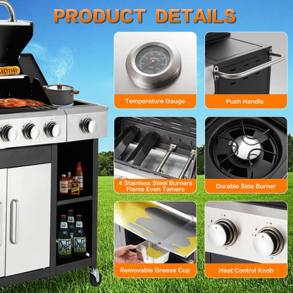 4-Burner Propane Gas Grill with Side Burner & Cabinet - 49,000 BTU Stainless Steel BBQ Grill, Porcelain-Enameled Cast Iron Grates for Outdoor Cooking, Patio & Backyard