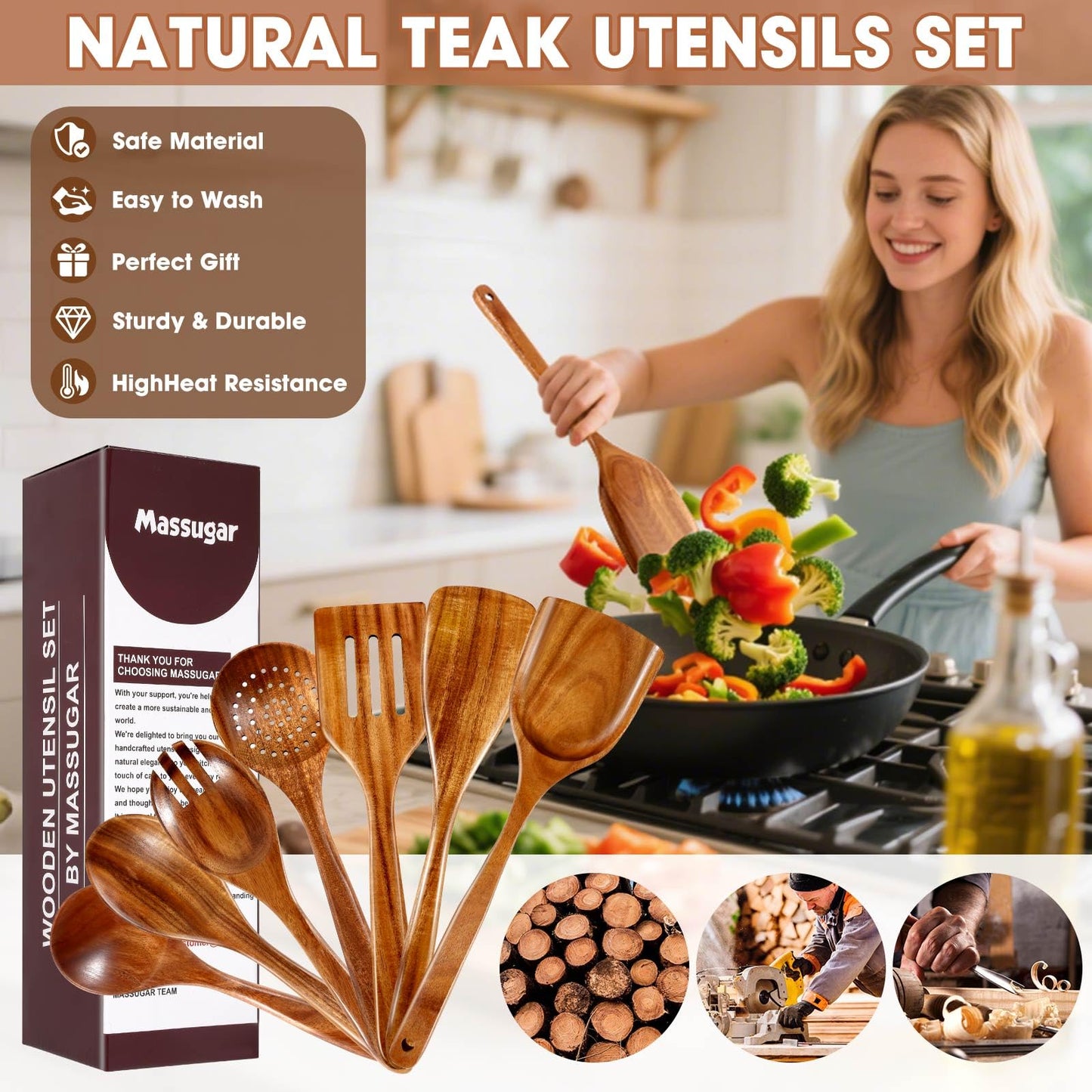 Wooden Spoons for Cooking, MASSUGAR 9-Piece Natural Teak Wooden Kitchen Utensil Set Comfort Grip Cooking Spoons and Utensils Holder