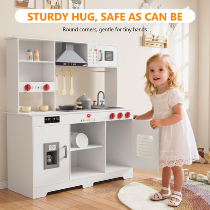 Large Wooden Play Kitchen for Kids - Realistic Kitchen Playset with Interactive Appliances & Storage - Hood, Microwave, Coffee Maker & Full Utensil Set - Gift for Boys & Girls Ages 3+