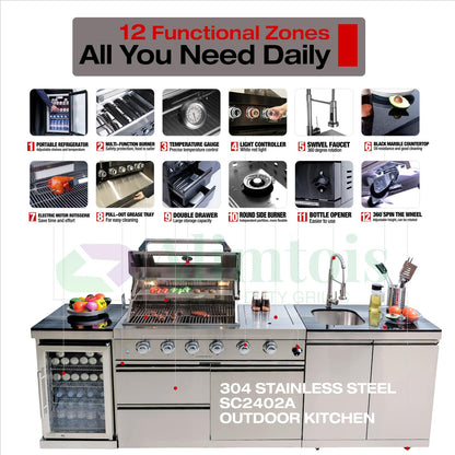 Outdoor Grill Islands 104" 4-Burner: 72000 BTU Outdoor bbq Island with Refrigerator Rotisserie kit Stainless steel Sink and Storage | Easy Setup