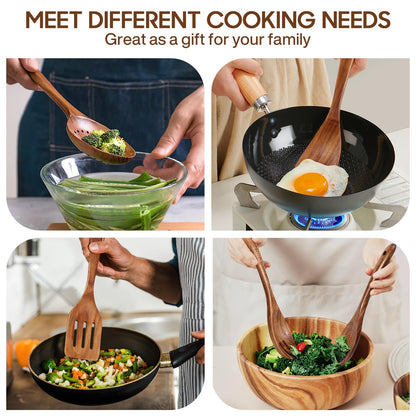 Spardar Wooden Kitchen Utensils, 12 Piece Set Wooden Spoon Set with 9 Teak Wood Cooking Spoons, Spoon Rest, Pot Holde, 3.3 Inch Utensil Holder, as Kitchen Decoration and Housewarming Gift