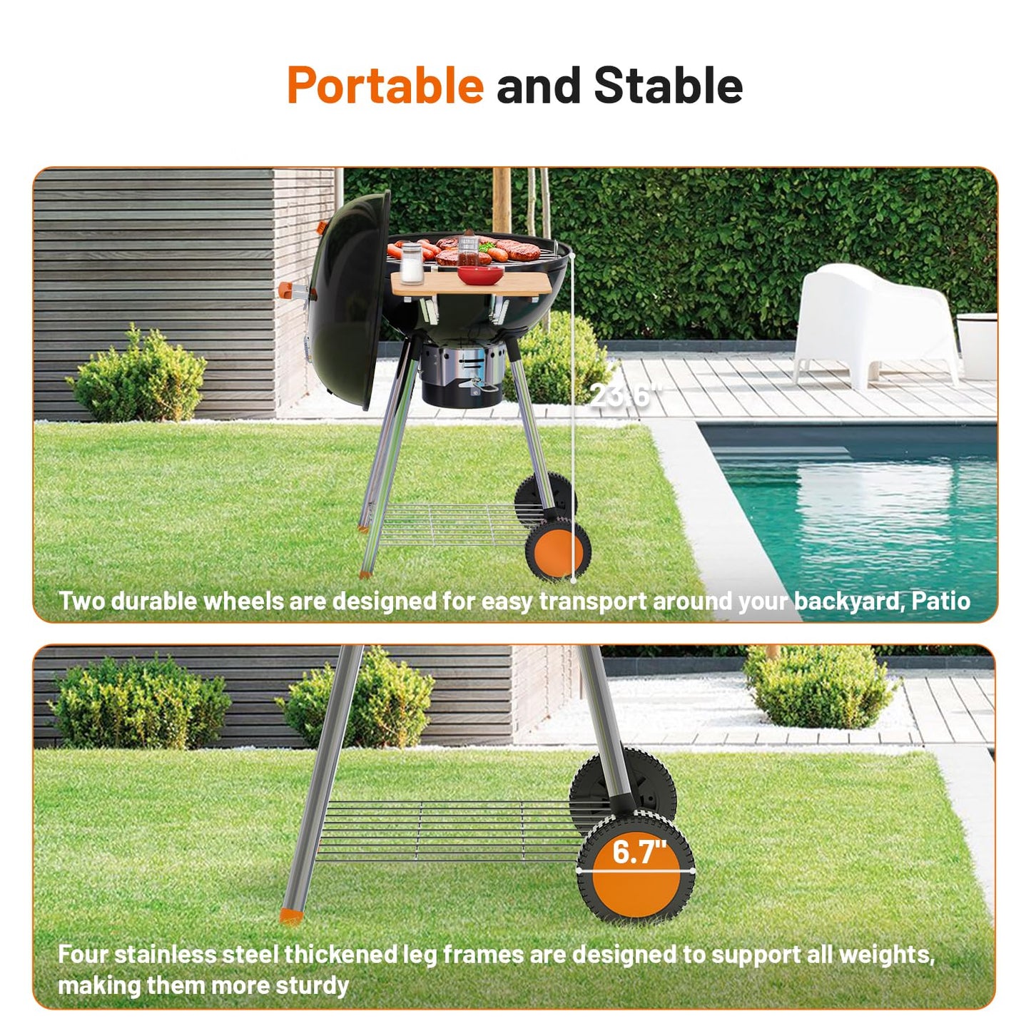 KEYO GRILL 22.5-inch Kettle Charcoal Grill with Detachable Side Table, Portable Charcoal Grills with Adjustable Vents, Outdoor BBQ Grill with Wheels for Camping, Tailgating and Backyard Cooking