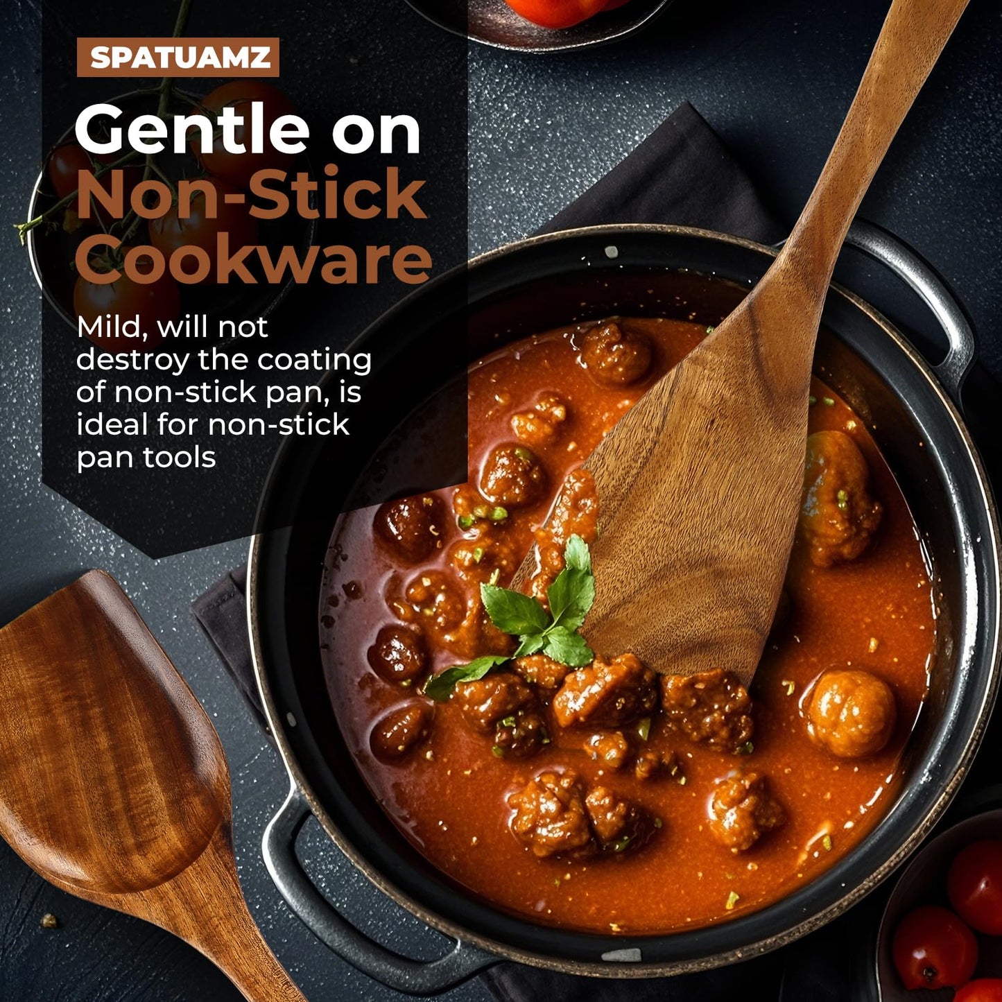 SPATUAMZ Wooden Spoons for Cooking, Teak Wooden Utensil Set for Nonstick Pans, Durable Wooden Spoons Set of 9 with Holder and Spoon Rest