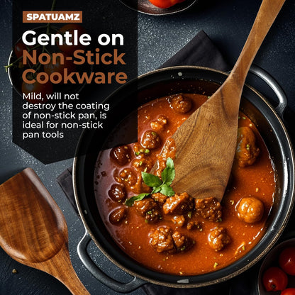 SPATUAMZ Wooden Spoons for Cooking, Teak Wooden Utensil Set for Nonstick Pans, Durable Wooden Spoons Set of 9 with Holder and Spoon Rest