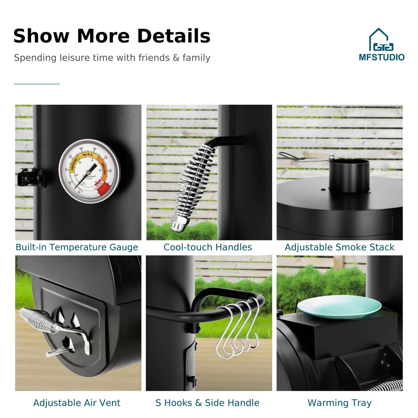 MFSTUDIO Vertical Offset Smoker Charcoal Grill,Extra Large BBQ Barrel Grills and Drum Smoker Combo with hanging racks and 5 removable grates for Smoking,ourdoor barbecue cooking,961 SQ.IN.Area