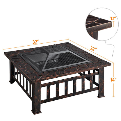 Yaheetech 32in Outdoor Firepit Square Table Backyard Patio Garden Stove Wood Burning Fire Pit with Spark Screen, Log Poker and Cover