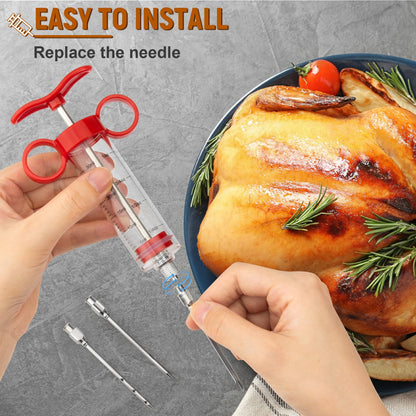 Kingsmile Meat Injector, Turkey Injector Syringe - 3 Needles for BBQ Grill, 1oz Meat Injector Syringe, Injector Marinades for Meats, Meat Injectors for Smoking 1 Cleaning Brush Easy to Use & Clean Red