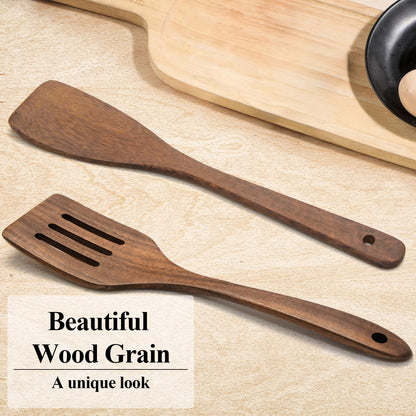 Wooden Spatula Nonstick Turner Acacia Wood, 12" Long Handle Flat Frying Spatulas Handmade for Kitchen Gifts, Ideal Cookware Utensils for Cooking Eggs, Fish, Pancakes, 2 Pack