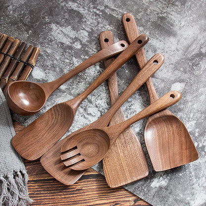 UPTALY 4 pcs Wooden Kitchen Utensils Set (C6), Natural Black Walnut Spoons, Thickened Ladle, Wood Slotted Spatula Turner, Extra Long Mixing Spoon, Scraper