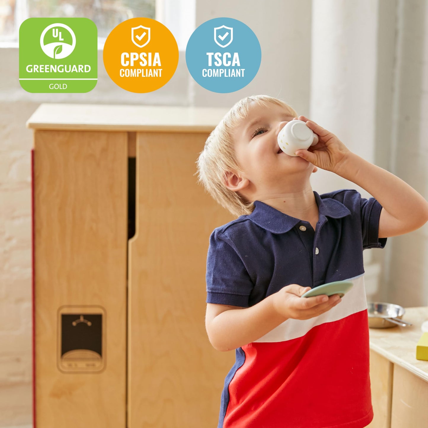 ECR4Kids Play Kitchen Refrigerator, Wooden Playset, Natural