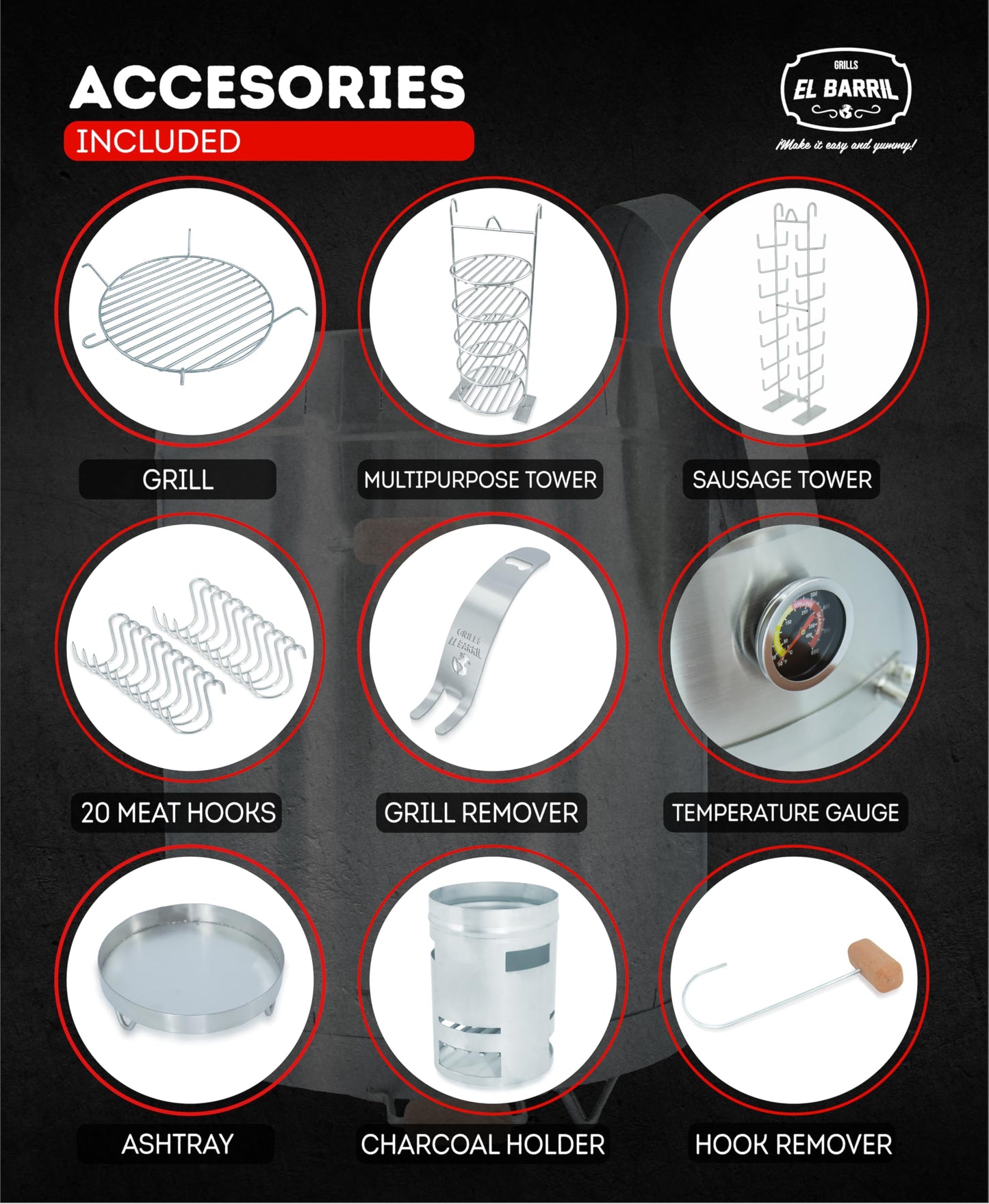 EL BARRIL 60lbs Grill & Smoker Barrel, Stainless Steel Charcoal Smoker Grill – Portable Outdoor Smokers with Even Heat Distribution & Grilling Accessories